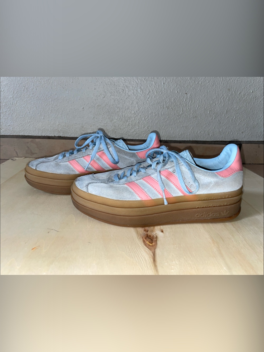 Adidas Girl’s Platform Sneakers in Light Blue and Pink with Gum Sole